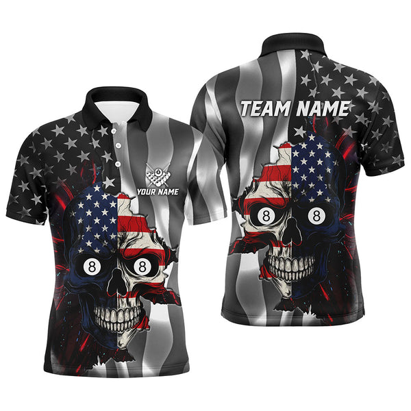 Maxcorners Personalized Billiard Skull American Flag Men Polo Shirts Custom Patriotic Billiard Jerseys Attire LM054