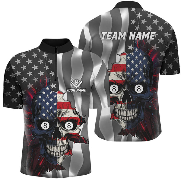 Maxcorners Personalized Billiard Skull American Flag Men Polo Shirts Custom Patriotic Billiard Jerseys Attire LM054