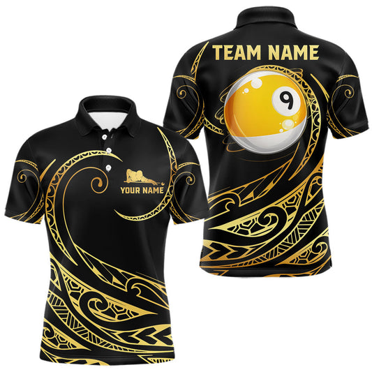 Maxcorners Personalized Black And Gold 9 Ball Pool Tribal Pattern Billiard Shirts For Men, Pool Team Jersey