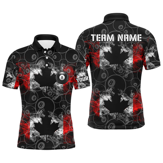 Maxcorners Canada Flag Smoke 8 Ball Pattern Billiard Jersey Customized Name, Team Name 3D Polo Shirt