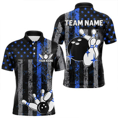 Maxcorners Blue Grunge American Flag Patriotic Bowling Shirt For Men Custom Bowling Team Jersey Polo, 1/4 Zip MT2009