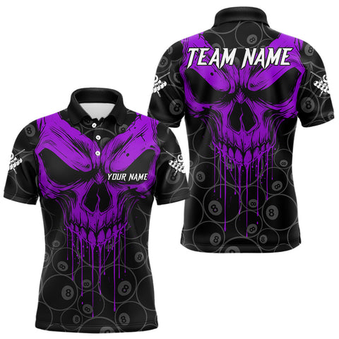 Maxcorners Personalized Skull 8 Ball Billiard Shirt For Men Custom Pool Team Jersey Polo & 1/4 Zip |Purple MT1810