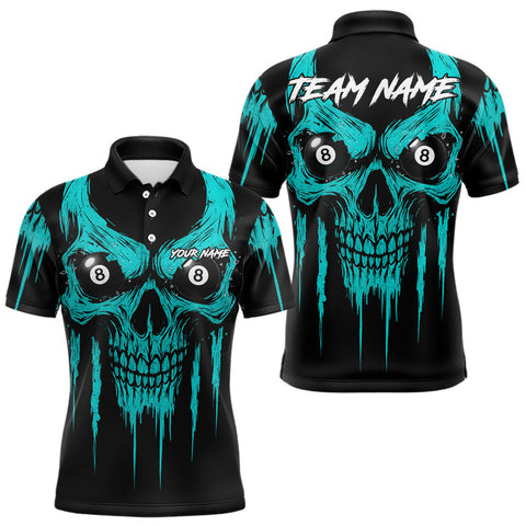 Maxcorners Turquoise Grunge Skull Billiard Jersey For Men Custom 8 Ball Pool Billiard Shirt Polo & 1/4 Zip MT1810