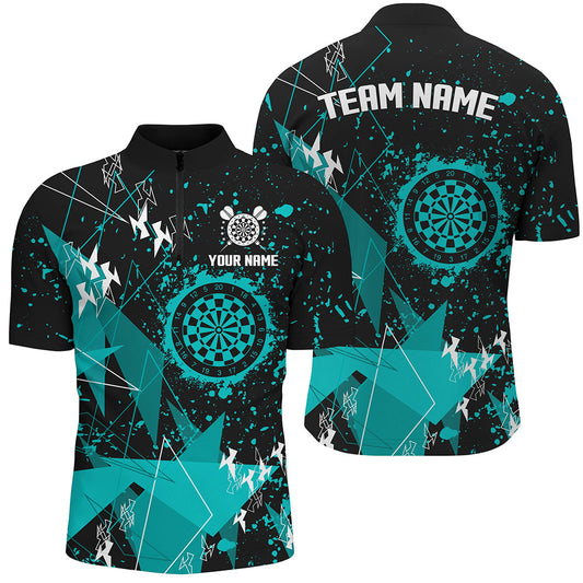 Maxcorners Personalized Grunge Turquoise Darts Polo & Quarter Zip Custom Dart Shirts For Men Dart Jerseys