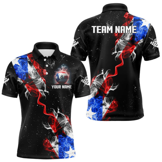 Maxcorners Personalize Puerto Rico Flag Smoke Billiard Shirt For Men Custom Patriotic 8 Ball Pool Team Jersey LM1610