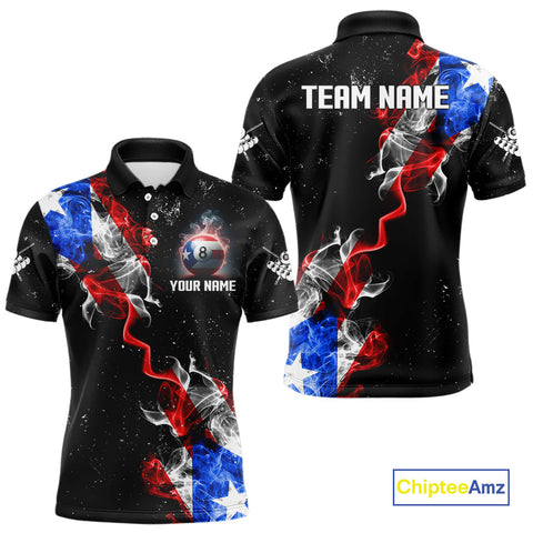 Maxcorners Personalize Puerto Rico Flag Smoke Billiard Shirt For Men Custom Patriotic 8 Ball Pool Team Jersey LM1610