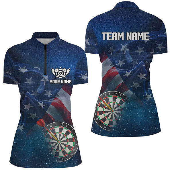 Maxcorners American Flag Universe Patriotic Custom Women Dart Polo Shirts, Personalized Darts Gift For Player