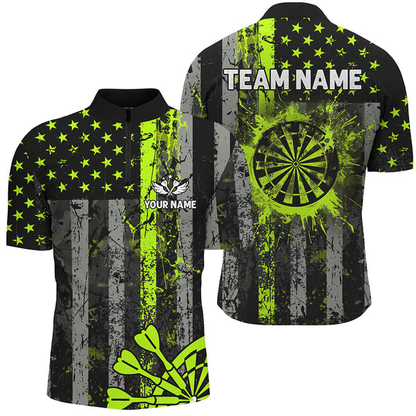 Maxcorners Custom Green Neon Grunge US Flag Patriotic Dart Shirt, Retro Darts Board Darts Team Jersey