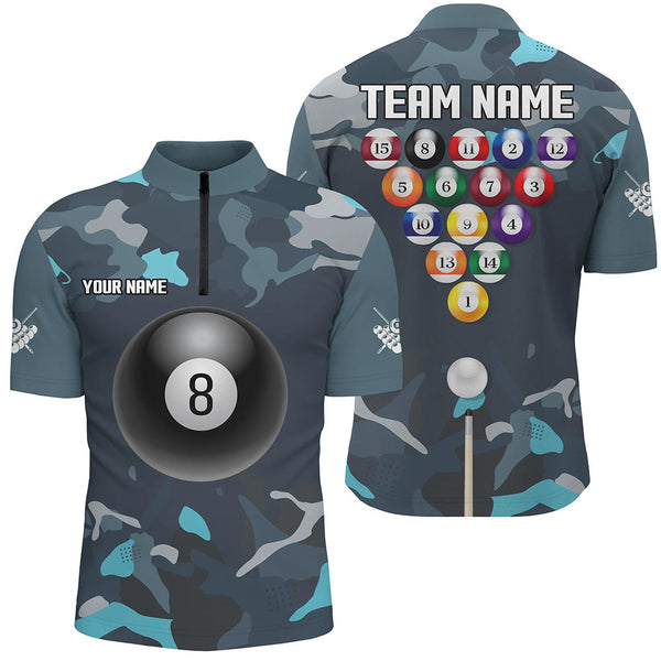 Maxcorners Abstract Blue Camo Billiard Balls Pool Shirts Custom Billiard Jerseys, Billiard Team Shirts