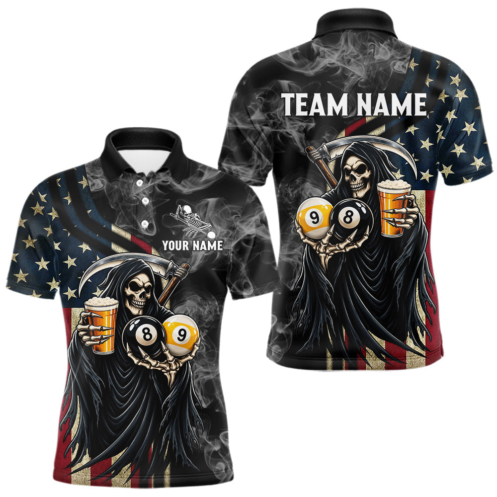 Maxcorners US Flag Grim Reaper Smoke Beer Billiard Shirt For Men Custom 8 Ball & 9 Ball Pool Team Jersey