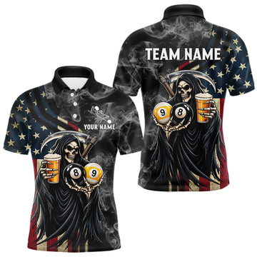 Maxcorners US Flag Grim Reaper Smoke Beer Billiard Shirt For Men Custom 8 Ball & 9 Ball Pool Team Jersey