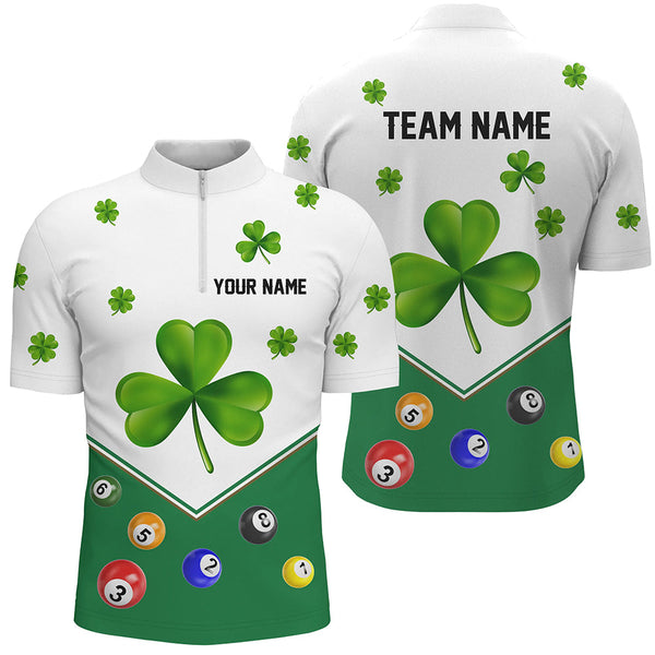 Maxcorners Billiard St Patrick Day Custom Green Clover Men Polo Shirts, Lucky Billiard Apparel For Player