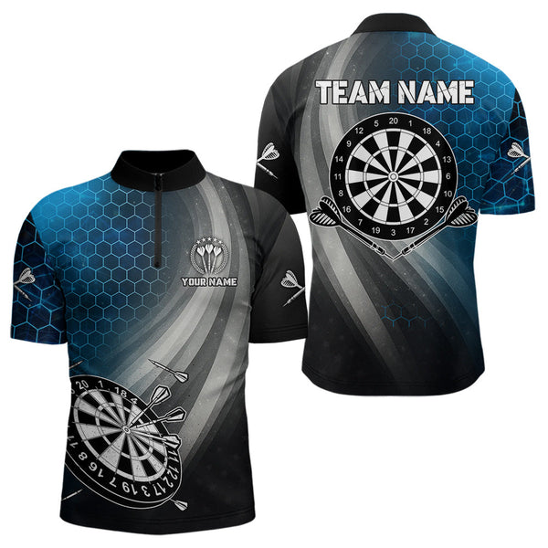 Maxcorners Custom Men's Dart Shirt – Black Blue Hexagon Design Darts Team Jersey | Polo & Quarter Zip Uniform LM1625
