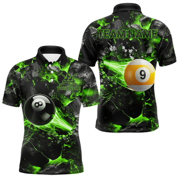 Maxcorners Personalized Green 8 Ball & 9 Ball Fire Billiard Jerseys For Men, Billiard Pool Shirts For Team LM2607