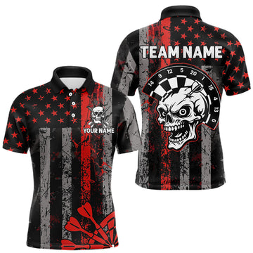 Maxcorners Personalized Red Grunge US Flag Skull Darts Shirt For Men Custom Patriotic Darts Team Jersey LM1903