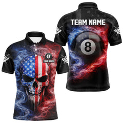 Maxcorners Custom 8 Ball US Flag Smoke Skull Billiard Shirt For Men, Patriotic Pool Team Jersey Polo, 1/4 Zip LM2901