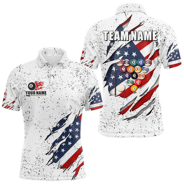 Maxcorners Personalized American Flag White Grunge Billiard Shirt For Men, Patriotic 8 Ball Pool Team Jersey MT2407