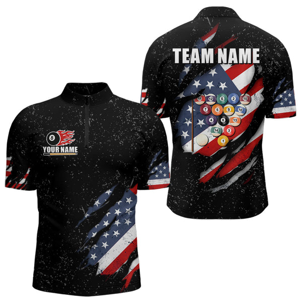 Maxcorners Personalized American Flag Black Grunge Billiard Shirt For Men, Patriotic 8 Ball Pool Team Jersey LM2707