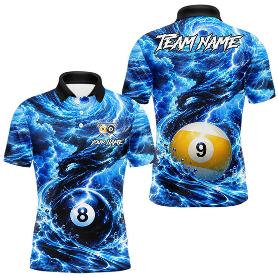 Maxcorners Blue 8 Ball & 9 Ball Storm Thunder Lightning Billiard Shirts for Men Custom Pool Team Jersey