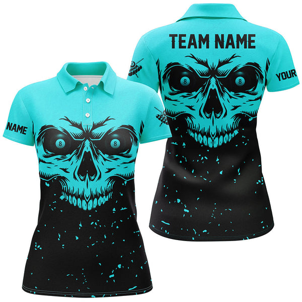 Maxcorners Custom Grunge Cyan Black Skull Billiard Jerseys Shirts, 8 Ball Billiards Apparel Clothing