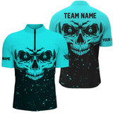 Maxcorners Custom Grunge Cyan Black Skull Billiard Jerseys Shirts, 8 Ball Billiards Apparel Clothing