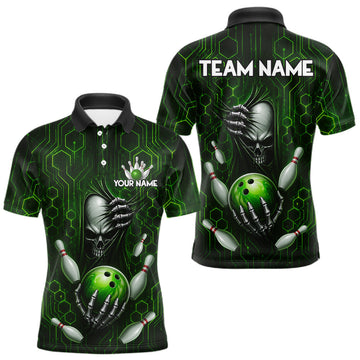 Maxcorners Black And Green Custom Skull Bowling Shirt For Men, Hexagon Bowling Team Jersey Polo & 1/4 Zip LM2704