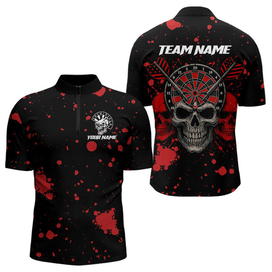 Maxcorners Black And Red Paint Skull Dart Shirts For Men Custom Dart Jerseys, Darts Team Shirt Polo & 1/4 Zip LM1625