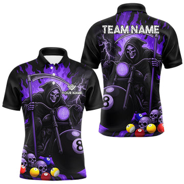 Maxcorners Funny Grim Reaper Motorcycle Billiards Shirt For Men Custom Purple Flame 8 Ball Pool Team Jersey LM2306