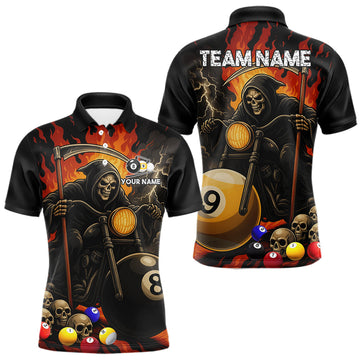 Maxcorners Personalized Grim Reaper Motorcycle Billiard Shirt For Men, Funny Flame 8 Ball 9 Ball Pool Jersey LM2306