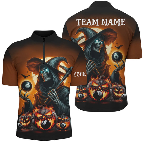 Maxcorners Death Skeleton & Pumpkin With 8 Ball Pool Billiard Jerseys, Funny Halloween Billiard Shirts