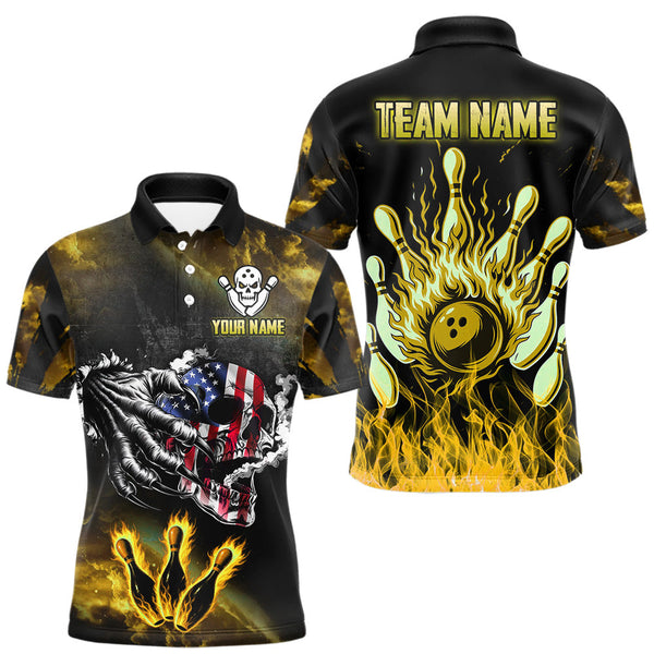 Maxcorners Yellow Flaming American Flag Skull Bowling Shirt For Men Custom Fire Bowling Team Jersey LM2408