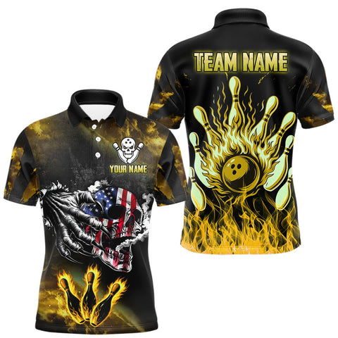Maxcorners Yellow Flaming American Flag Skull Bowling Shirt For Men Custom Fire Bowling Team Jersey LM2408