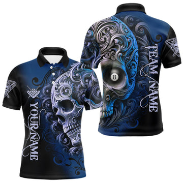 Maxcorners Personalized Blue 8 Ball Pool Skull Billiard Shirts For Men Custom Billiard League Team Jersey LM0409