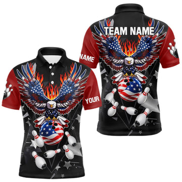 Maxcorners Personalized Flame American Flag Eagle Bowling Shirts For Men Custom Patriotic Bowling Team Jersey LM2709
