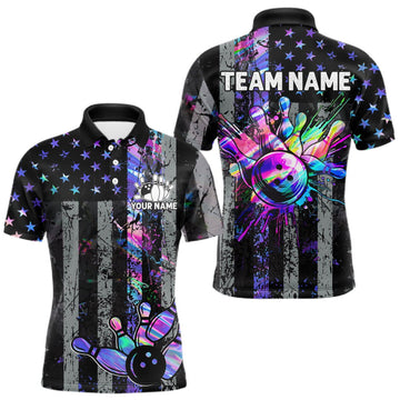Maxcorners Custom Holographic Grunge American Flag Bowling Shirts For Men, Patriotic Bowling Team Jersey LM2709