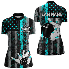 Maxcorners Turquoise Grunge American Flag Patriotic Bowling Shirts For Men Custom Bowling Team Jerseys