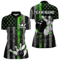 Maxcorners Personalized Green Grunge American Flag Patriotic Bowling Shirts For Men Custom Bowling Team Jersey