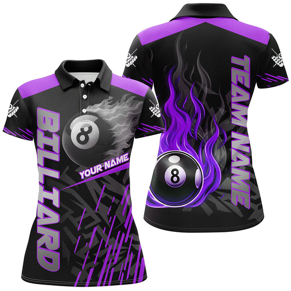 Maxcorners Purple 8 Ball Pool Flame 3D Billiard Shirts For Women Billiard League Jersey Custom Pool Team Shirts