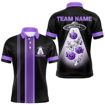 Maxcorners Black And Purple Funny Drunk Alien Bowling Shirts For Men Custom Retro Bowling Team Jersey LM0410
