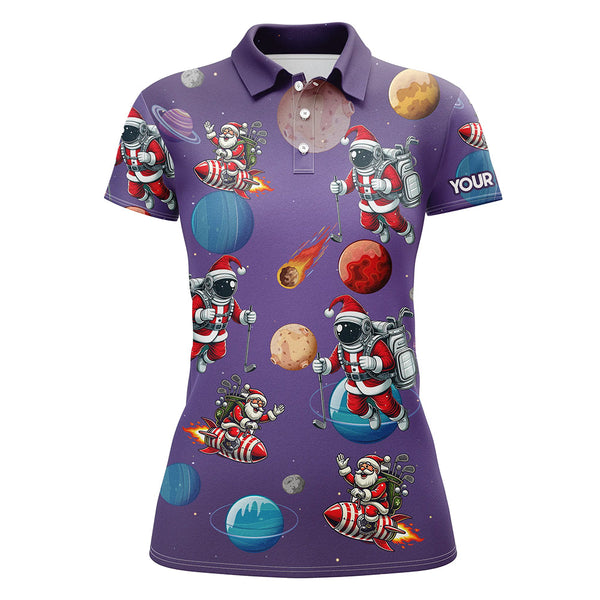 Maxcorners Funny Christmas Santa Astronaut Custom Purple Polo Golf Shirts Christmas Golf Outfit