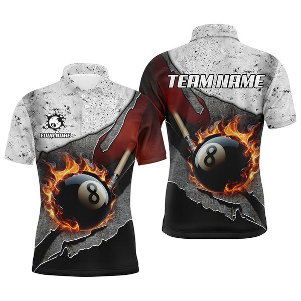 MaxCorners Billiard Grey Grunge Fire 8 Ball Pool Customized Name, Team Name 3D Polo Shirt For Men