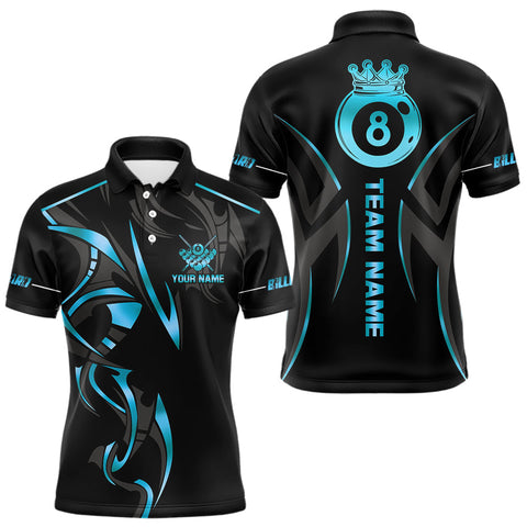 Maxcorners Custom 8 Ball Pool Crown Men Billiard Shirts, Blue Cyan And Black Billiard Team Shirt Pool Jerseys MT2808