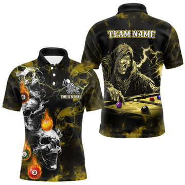 Maxcorners Personalized Yellow Grim Reaper Billiard Shirts For Men Custom Smoke Skull Pool Team Jersey LM0409