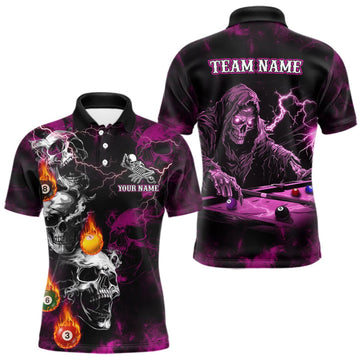 Maxcorners Personalized Pink Grim Reaper Billiard Shirts For Men Custom Smoke Skull Pool Team Jersey LM0409