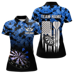 Maxcorners Personalized US Flag Blue Camo Dart Shirts For Men, Patriotic Darts Jersey Team Polo & 1/4 Zip LM0706