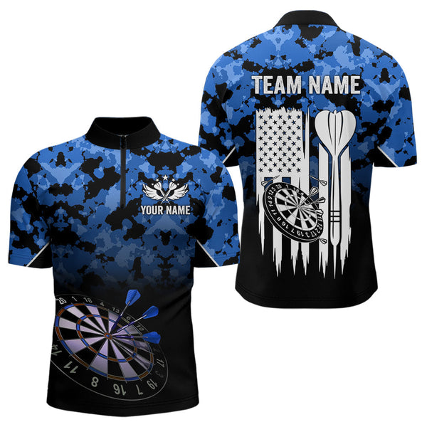Maxcorners Personalized US Flag Blue Camo Dart Shirts For Men, Patriotic Darts Jersey Team Polo & 1/4 Zip LM0706