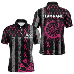 Maxcorners Personalized Grunge US Flag Pink Ribbon Patriotic Darts Shirt For Men, Breast Cancer Darts Jersey MT3107