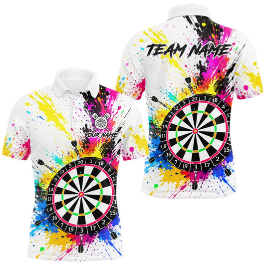 Maxcorners White And Colorful Paint Splash Funny Darts Shirts For Men Custom Darts Team Jersey Polo, 1/4 Zip LM0409
