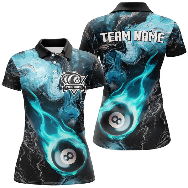 Maxcorners Turquoise 8 Ball Pool Fire Flame Abstract Pattern Custom Billiard Shirts For Men & Women, Billiard Team Jerseys