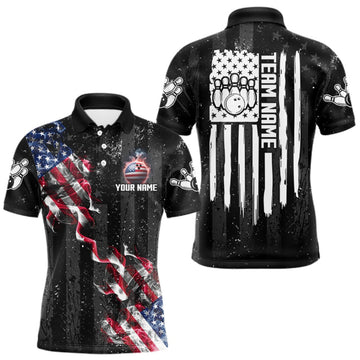 Maxcorners Custom American Flag Smoke Bowling Shirts For Men, Patriotic Bowling Team Jersey Polo & 1/4 Zip LM0409